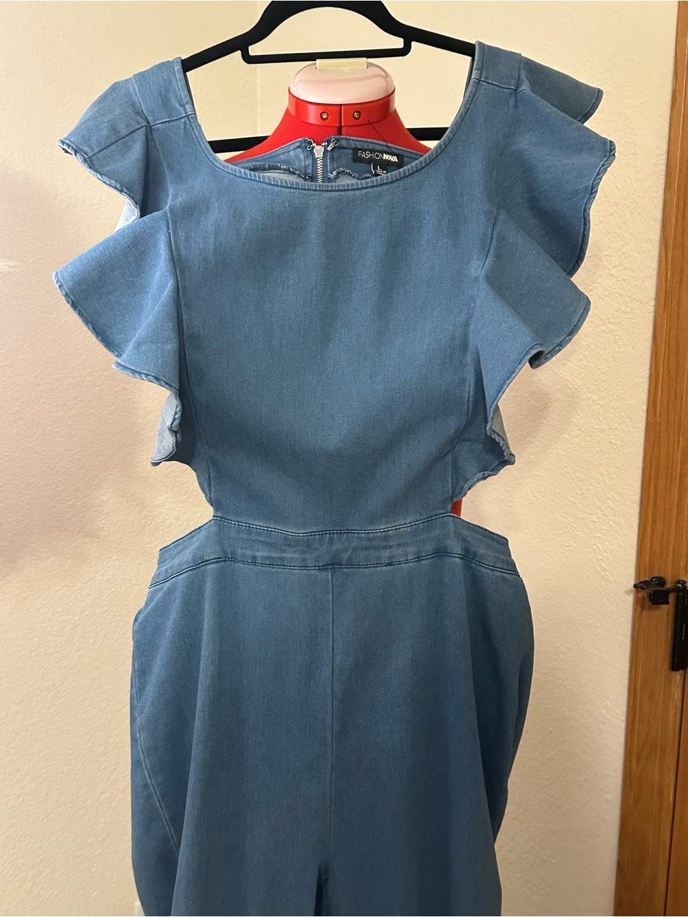 Fashion Nova Denim Ruffle-Sleeve Cutout Jumpsuit - Blue - Picture 2 of 4